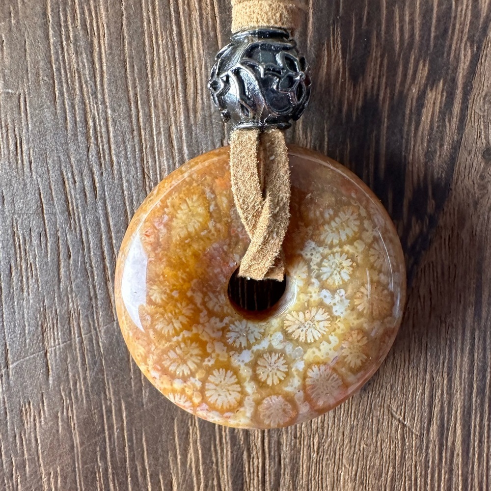 Yellow Golden Coral Fossil Donut Pendant Choker on Brown Faux Suede - Picture 6 of 11